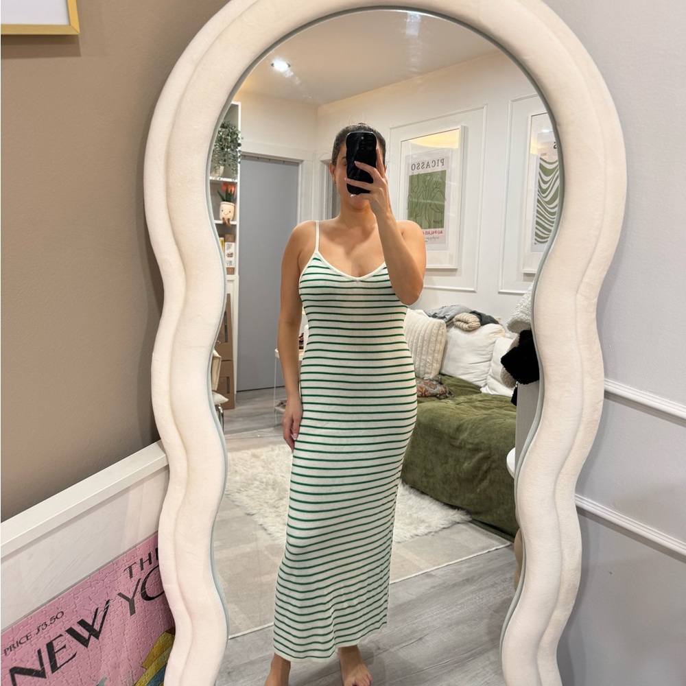 Green and White Sheath Maxi Dress with Spaghetti Straps